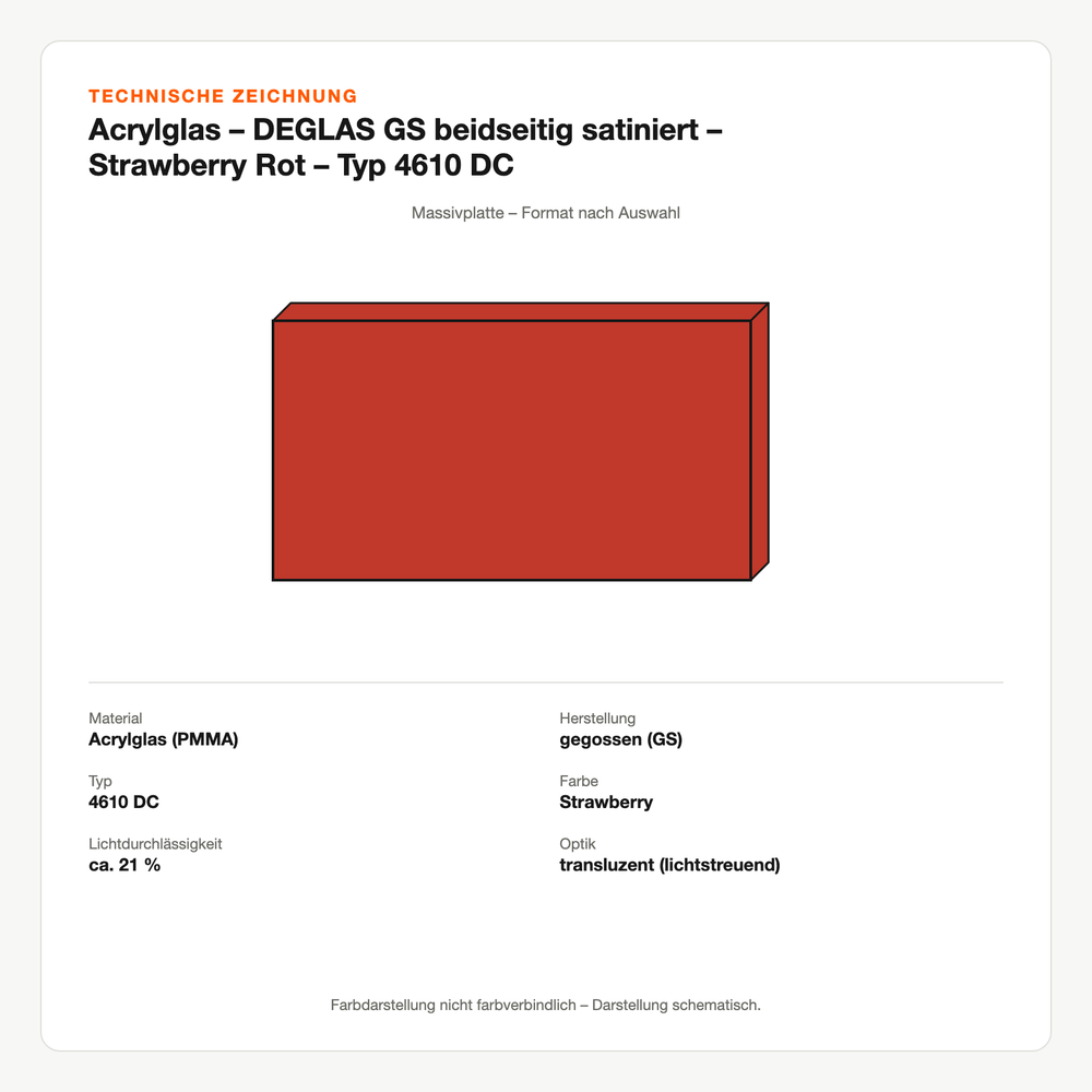 Technische Zeichnung: Acrylglas – DEGLAS® GS beidseitig satiniert – Strawberry Rot – Typ 4610 DC