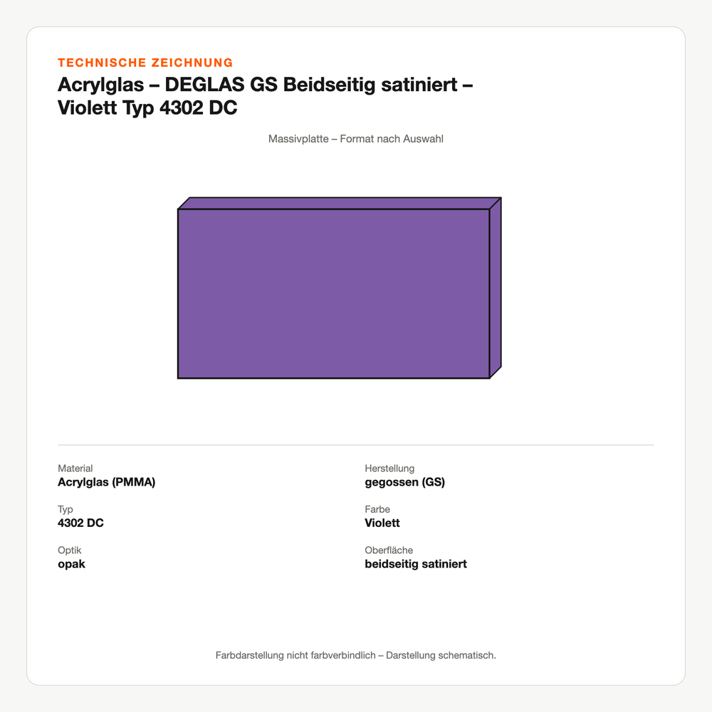 Technische Zeichnung: Acrylglas – DEGLAS® GS Beidseitig satiniert – Violett Typ 4302 DC