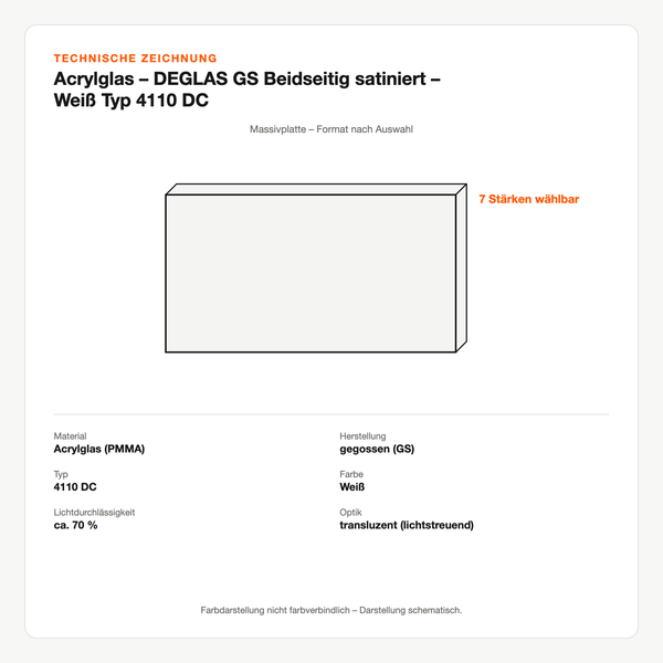 Technische Zeichnung: Acrylglas – DEGLAS® GS Beidseitig satiniert – Weiß Typ 4110 DC