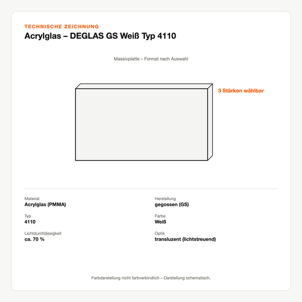 Technische Zeichnung: Acrylglas – DEGLAS® GS Weiß Typ 4110