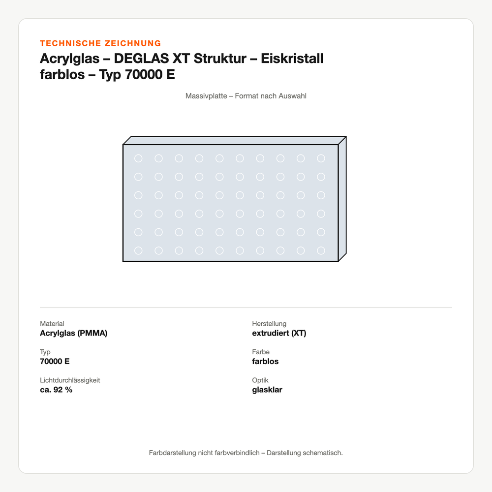 Technische Zeichnung: Acrylglas – DEGLAS® XT Struktur – Eiskristall farblos – Typ 70000 E