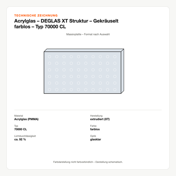 Technische Zeichnung: Acrylglas – DEGLAS® XT Struktur – Gekräuselt farblos – Typ 70000 CL