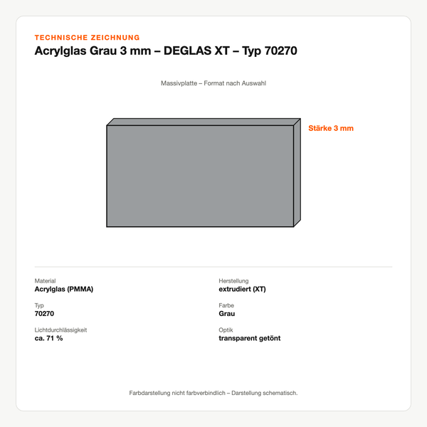 Technische Zeichnung: Acrylglas Grau 3 mm – DEGLAS® XT – Typ 70270