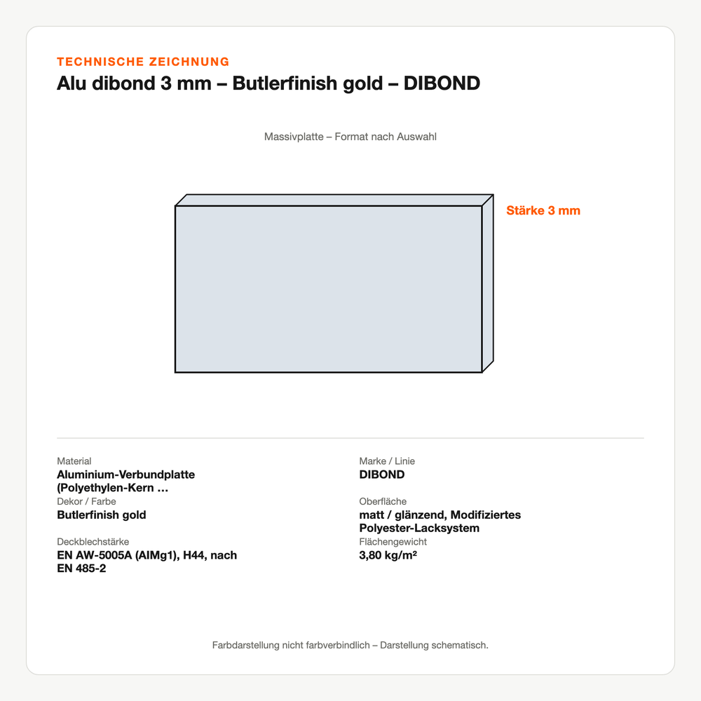 Technische Zeichnung: Alu dibond 3 mm – Butlerfinish gold – DIBOND®
