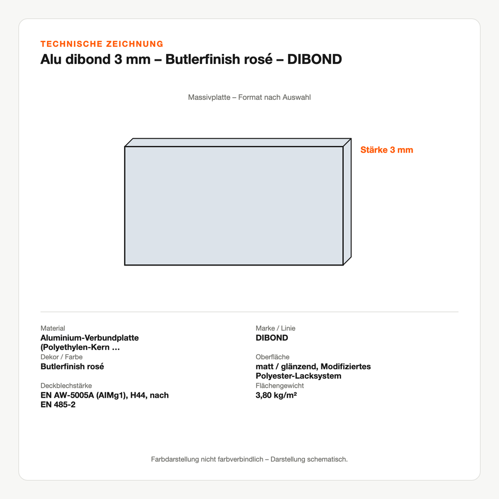 Technische Zeichnung: Alu dibond 3 mm – Butlerfinish rosé – DIBOND®