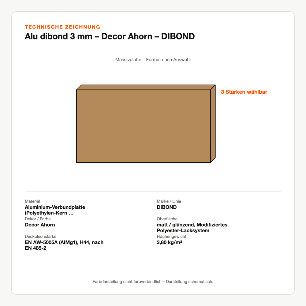 Technische Zeichnung: Alu dibond 3 mm – Decor Ahorn – DIBOND®