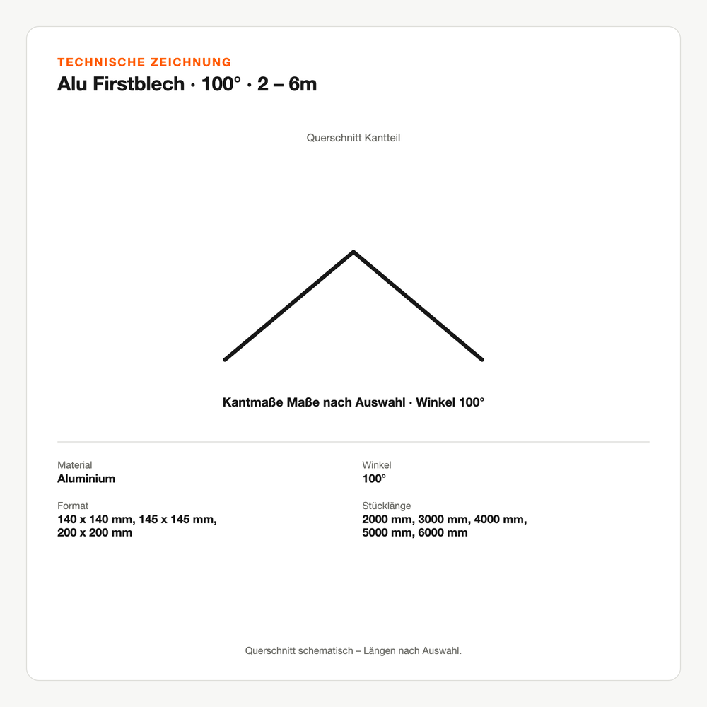 Technische Zeichnung: Alu Firstblech | 100° | 2 – 6m