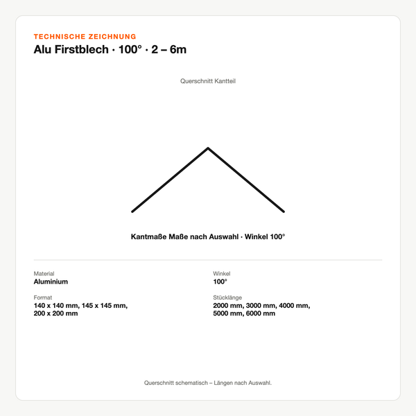 Technische Zeichnung: Alu Firstblech | 100° | 2 – 6m