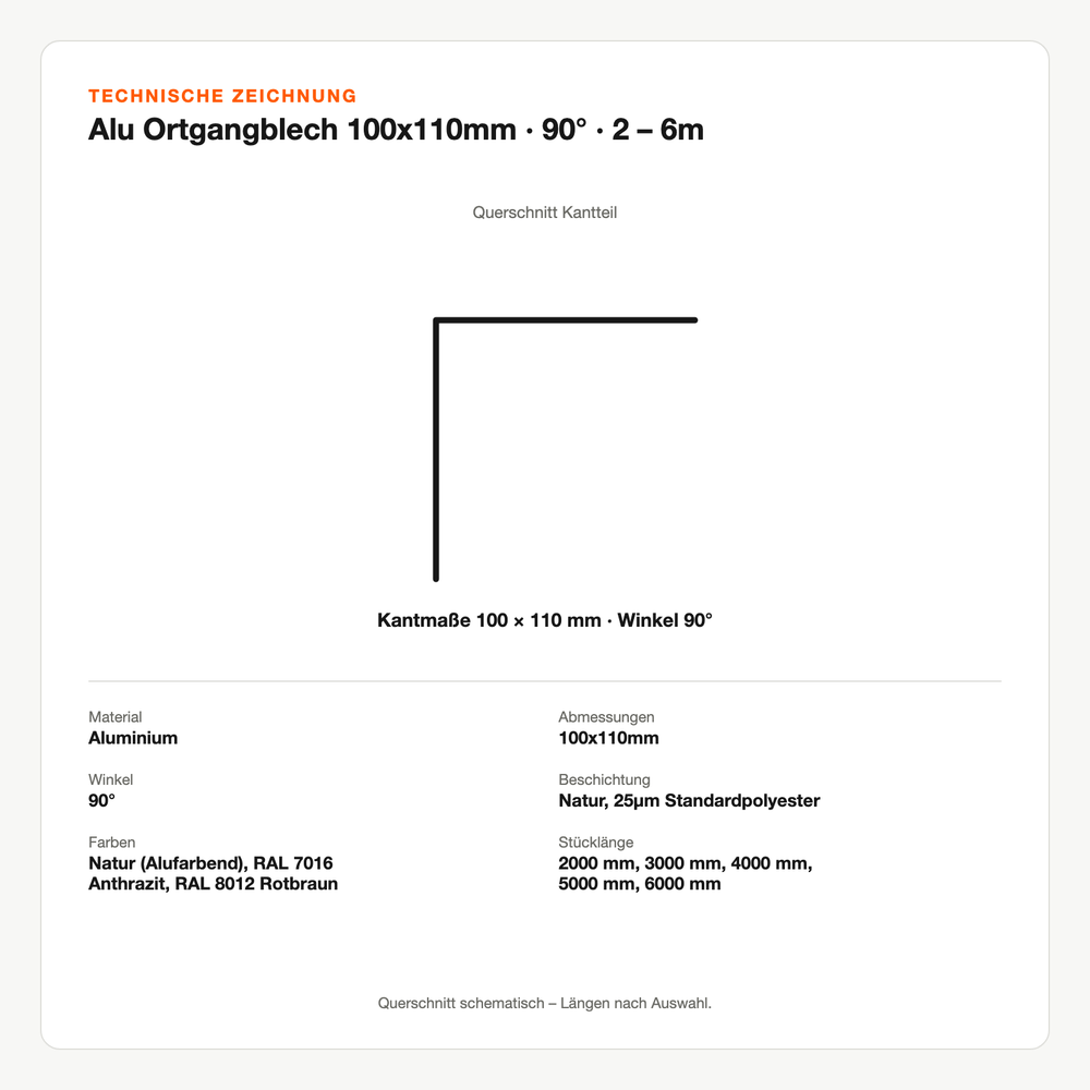 Technische Zeichnung: Alu Ortgangblech 100x110mm | 90° | 2 – 6m