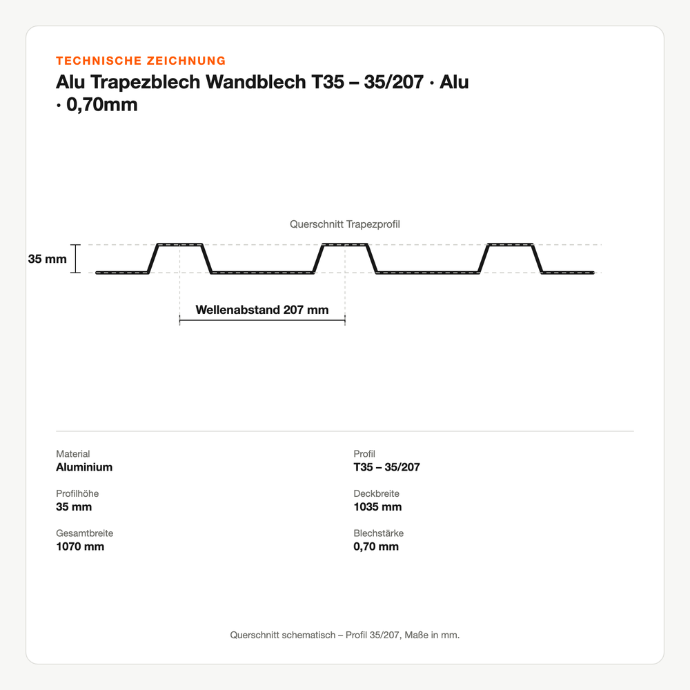 Technische Zeichnung: Alu Trapezblech Wandblech T35 – 35/207 | Alu | 0,70mm