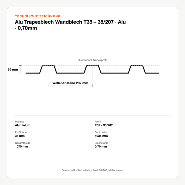 Technische Zeichnung: Alu Trapezblech Wandblech T35 – 35/207 | Alu | 0,70mm