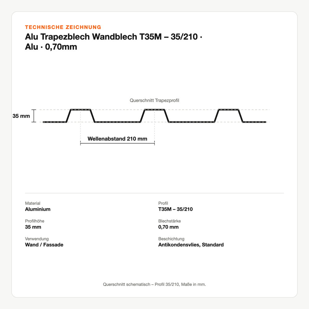 Technische Zeichnung: Alu Trapezblech Wandblech T35M – 35/210 | Alu | 0,70mm