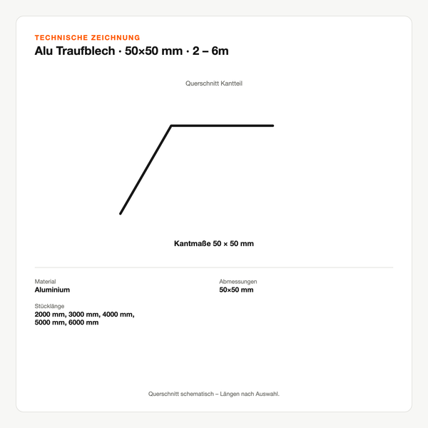 Technische Zeichnung: Alu Traufblech | 50×50 mm | 2 – 6m