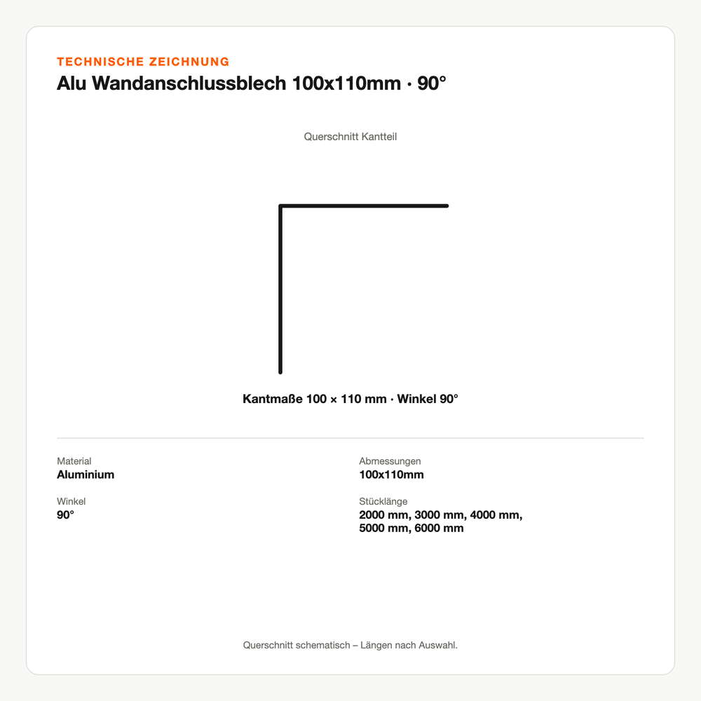 Technische Zeichnung: Alu Wandanschlussblech 100x110mm | 90°