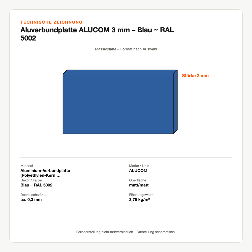 Technische Zeichnung: Aluverbundplatte ALUCOM® 3 mm – Blau ~ RAL 5002