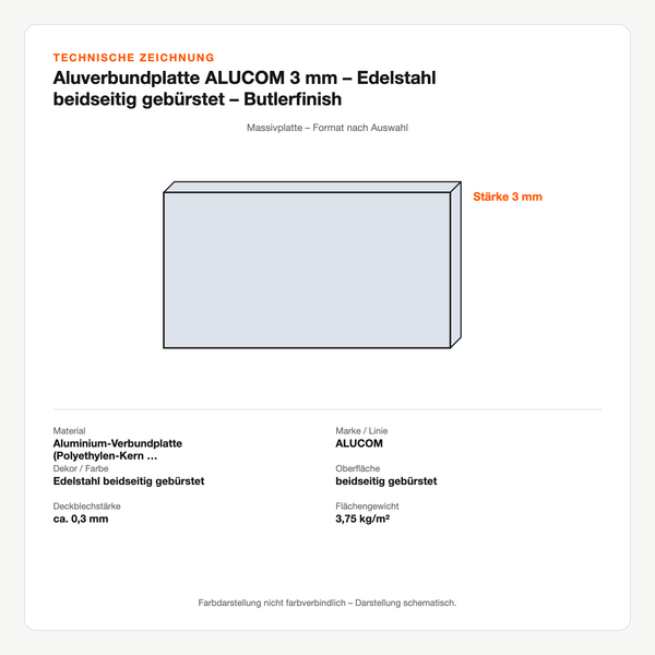 Technische Zeichnung: Aluverbundplatte ALUCOM® 3 mm – Edelstahl beidseitig gebürstet – Butlerfinish
