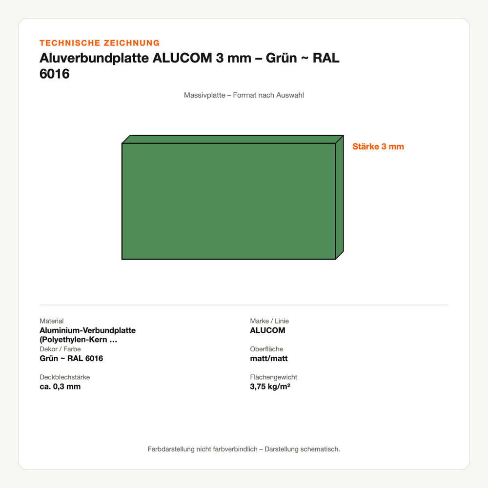 Technische Zeichnung: Aluverbundplatte ALUCOM® 3 mm – Grün ~ RAL 6016