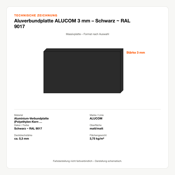 Technische Zeichnung: Aluverbundplatte ALUCOM® 3 mm – Schwarz ~ RAL 9017