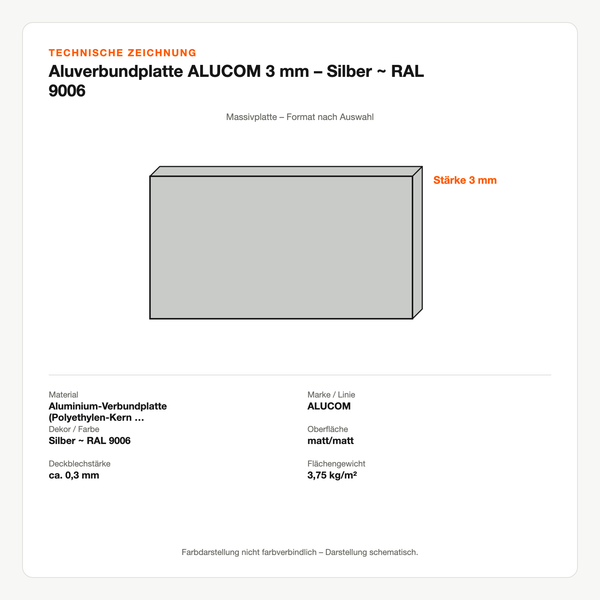 Technische Zeichnung: Aluverbundplatte ALUCOM® 3 mm – Silber ~ RAL 9006