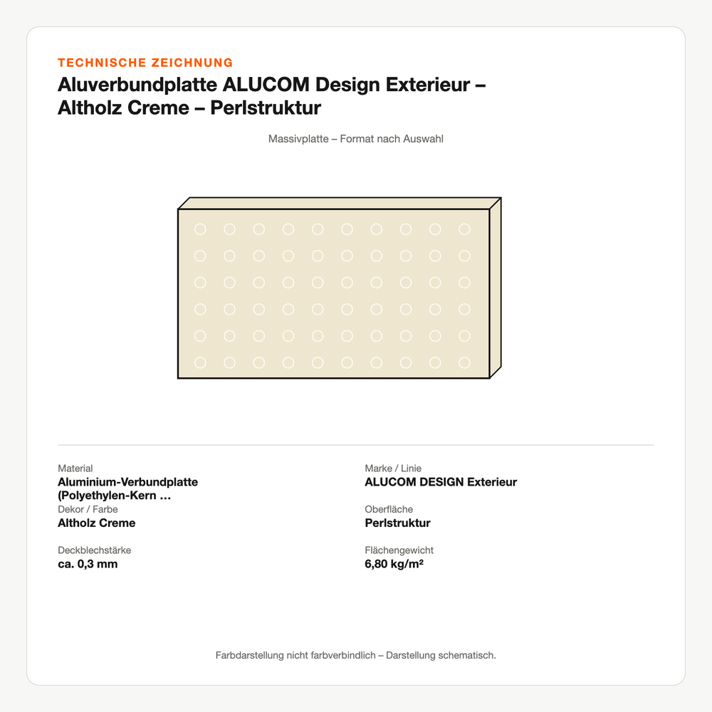 Technische Zeichnung: Aluverbundplatte ALUCOM® Design Exterieur – Altholz Creme – Perlstruktur