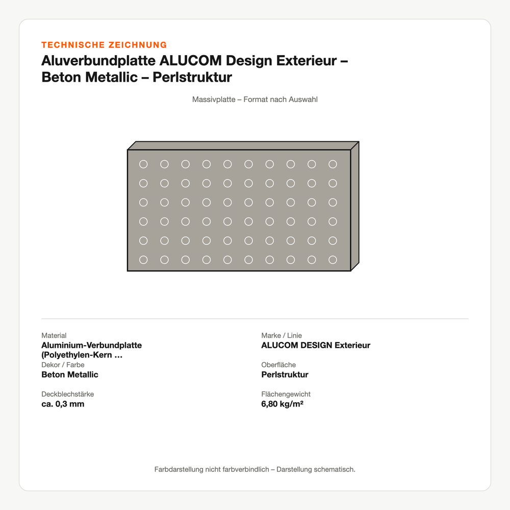 Technische Zeichnung: Aluverbundplatte ALUCOM® Design Exterieur – Beton Metallic – Perlstruktur