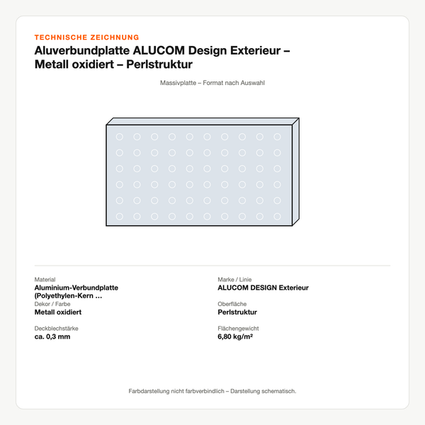 Technische Zeichnung: Aluverbundplatte ALUCOM® Design Exterieur – Metall oxidiert – Perlstruktur