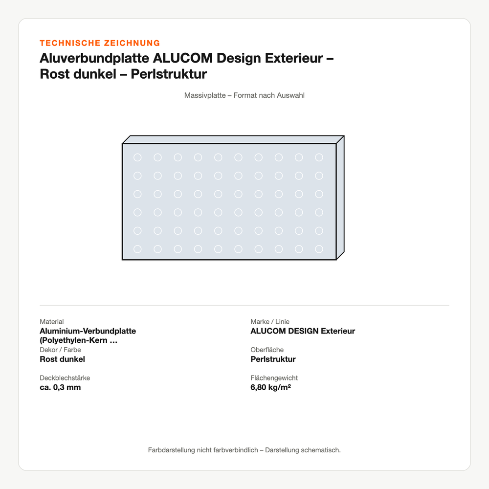 Technische Zeichnung: Aluverbundplatte ALUCOM® Design Exterieur – Rost dunkel – Perlstruktur