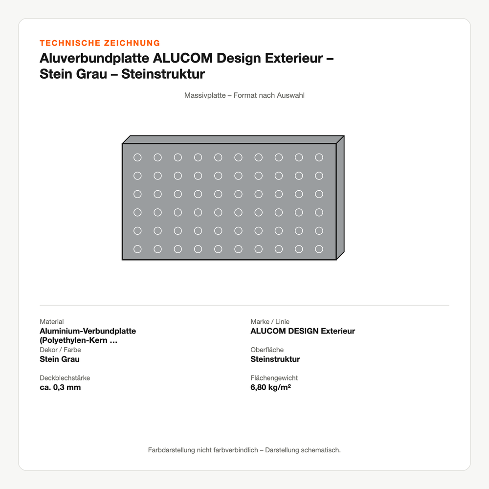 Technische Zeichnung: Aluverbundplatte ALUCOM® Design Exterieur – Stein Grau – Steinstruktur