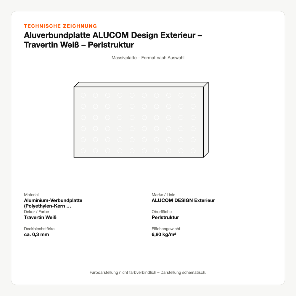 Technische Zeichnung: Aluverbundplatte ALUCOM® Design Exterieur – Travertin Weiß – Perlstruktur