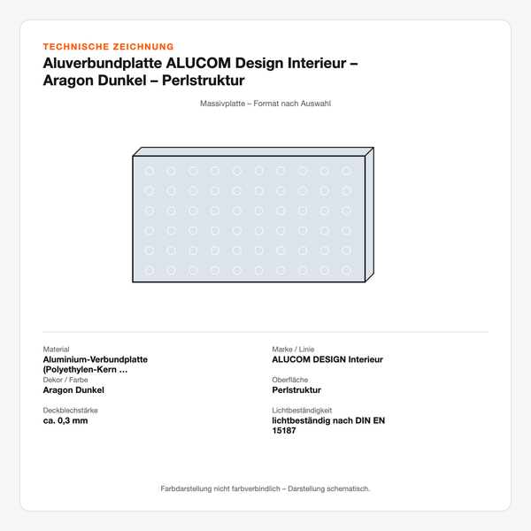 Technische Zeichnung: Aluverbundplatte ALUCOM® Design Interieur – Aragon Dunkel – Perlstruktur