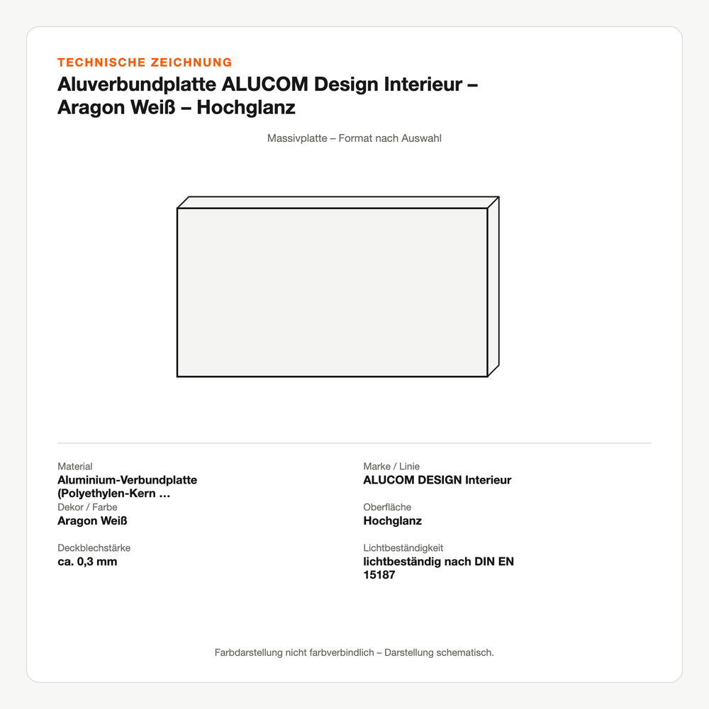 Technische Zeichnung: Aluverbundplatte ALUCOM® Design Interieur – Aragon Weiß – Hochglanz