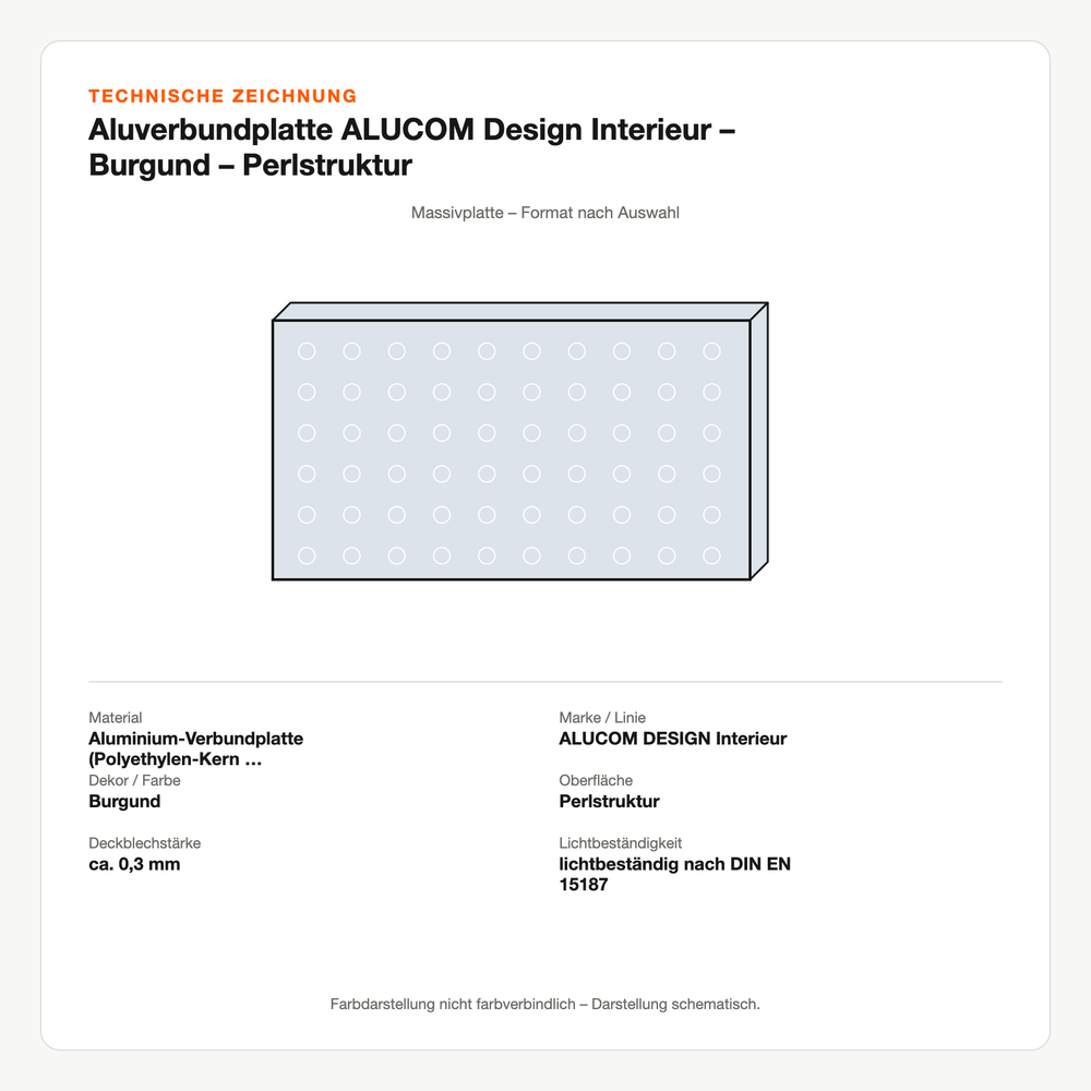 Technische Zeichnung: Aluverbundplatte ALUCOM® Design Interieur – Burgund – Perlstruktur