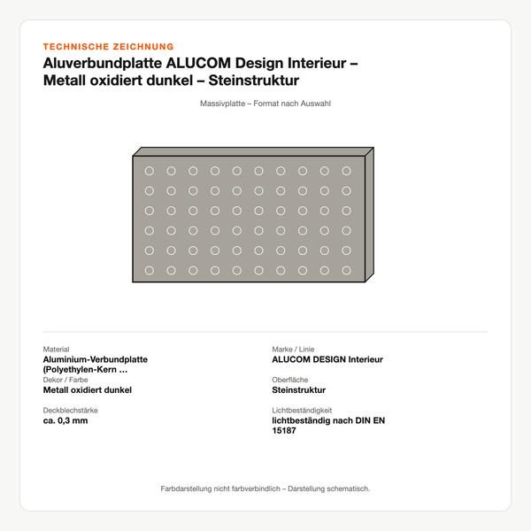 Technische Zeichnung: Aluverbundplatte ALUCOM® Design Interieur – Metall oxidiert dunkel – Steinstruktur