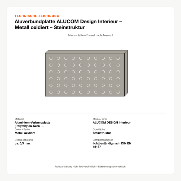 Technische Zeichnung: Aluverbundplatte ALUCOM® Design Interieur – Metall oxidiert – Steinstruktur