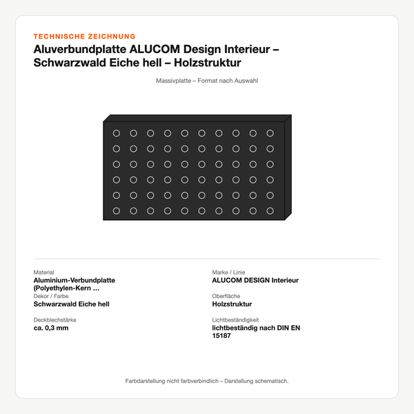 Technische Zeichnung: Aluverbundplatte ALUCOM® Design Interieur – Schwarzwald Eiche hell – Holzstruktur