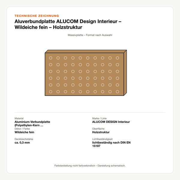 Technische Zeichnung: Aluverbundplatte ALUCOM® Design Interieur – Wildeiche fein – Holzstruktur