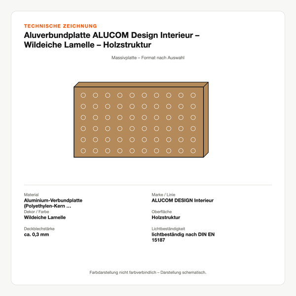 Technische Zeichnung: Aluverbundplatte ALUCOM® Design Interieur – Wildeiche Lamelle – Holzstruktur