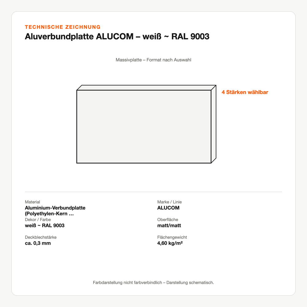 Technische Zeichnung: Aluverbundplatte ALUCOM® – weiß ~ RAL 9003