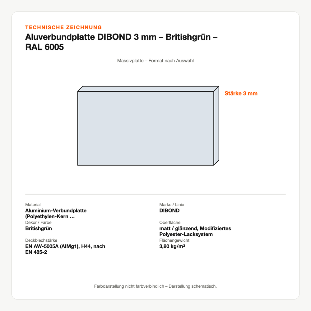 Technische Zeichnung: Aluverbundplatte DIBOND® 3 mm – Britishgrün – RAL 6005