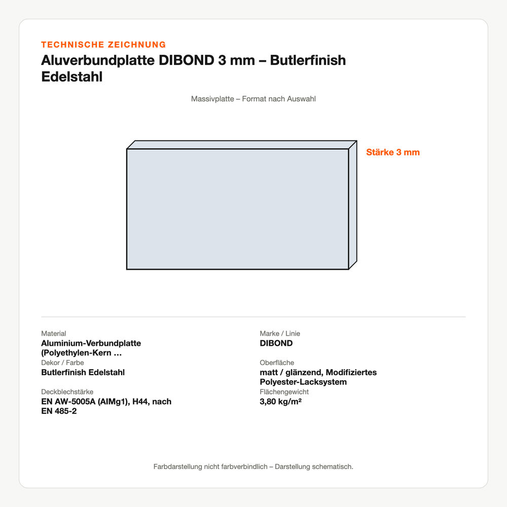 Technische Zeichnung: Aluverbundplatte DIBOND® 3 mm – Butlerfinish Edelstahl