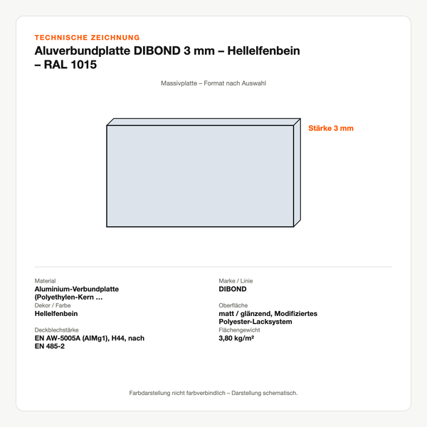 Technische Zeichnung: Aluverbundplatte DIBOND® 3 mm – Hellelfenbein – RAL 1015