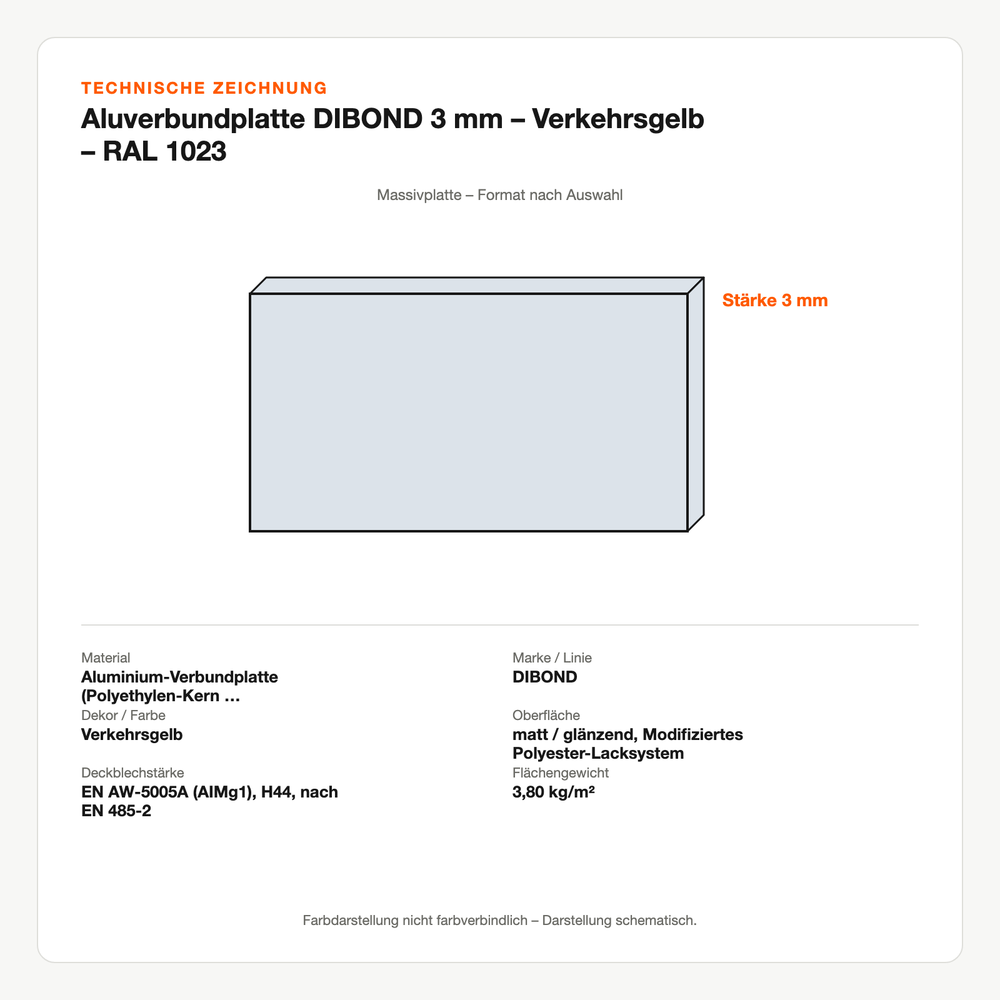 Technische Zeichnung: Aluverbundplatte DIBOND® 3 mm – Verkehrsgelb – RAL 1023