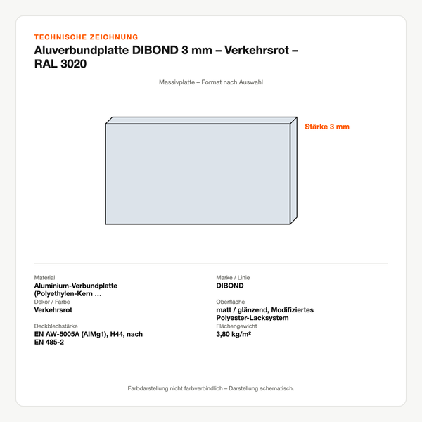 Technische Zeichnung: Aluverbundplatte DIBOND® 3 mm – Verkehrsrot – RAL 3020