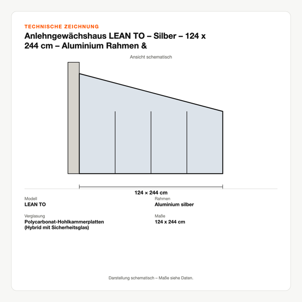 Technische Zeichnung: Anlehngewächshaus LEAN TO – Silber – 124 x 244 cm – Aluminium Rahmen & Hohlkammerplatten Hybrid