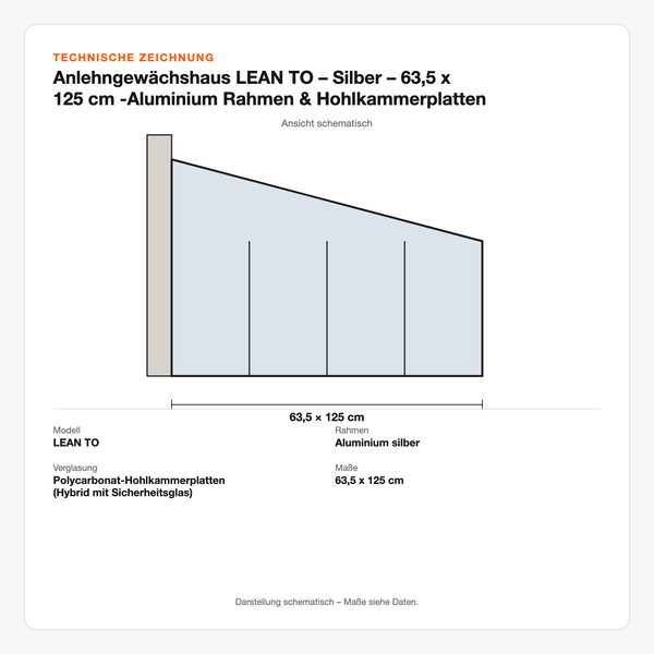 Technische Zeichnung: Anlehngewächshaus LEAN TO – Silber – 63,5 x 125 cm -Aluminium Rahmen & Hohlkammerplatten Hybrid
