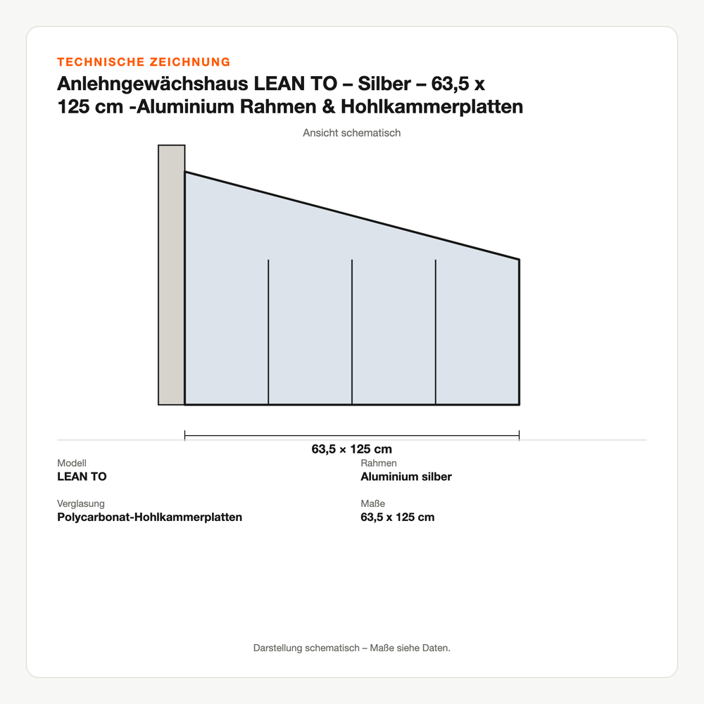Technische Zeichnung: Anlehngewächshaus LEAN TO – Silber – 63,5 x 125 cm -Aluminium Rahmen & Hohlkammerplatten