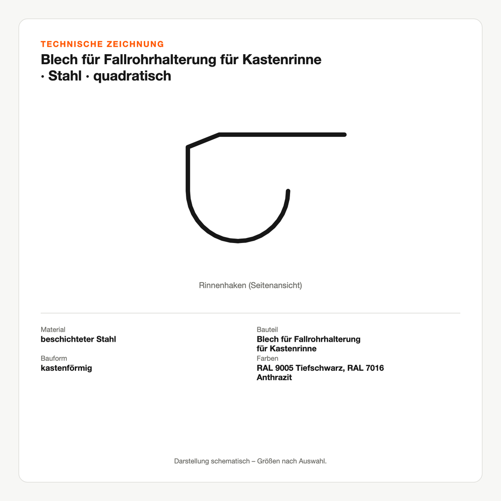 Technische Zeichnung: Blech für Fallrohrhalterung für Kastenrinne | Stahl | quadratisch