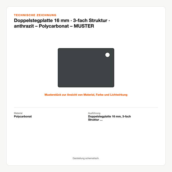Technische Zeichnung: Doppelstegplatte 16 mm | 3-fach Struktur | anthrazit – Polycarbonat – MUSTER