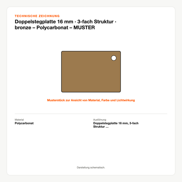 Technische Zeichnung: Doppelstegplatte 16 mm | 3-fach Struktur | bronze – Polycarbonat – MUSTER