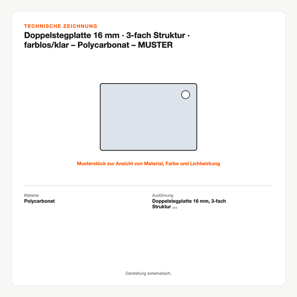 Technische Zeichnung: Doppelstegplatte 16 mm | 3-fach Struktur | farblos/klar – Polycarbonat – MUSTER